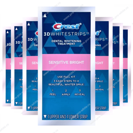 Benzi albire Crest - Benzi Crest 3D Whitestrips Sensitive Bright, 6% concentratie, 7 plicuri, 14 benzi albire, nivel albire 4, aplicare 45 min, benzi albire dinti sensibili