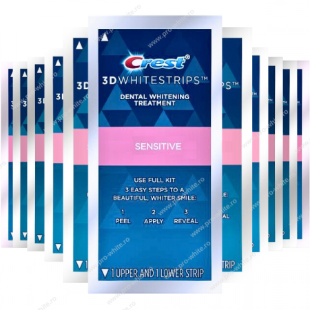 Benzi albire Crest - Benzi Crest 3D Whitestrips Sensitive, 6% concentratie, 14 plicuri, 28 benzi albire, nivel albire 7, aplicare 30 min, benzi albire dinti sensibili