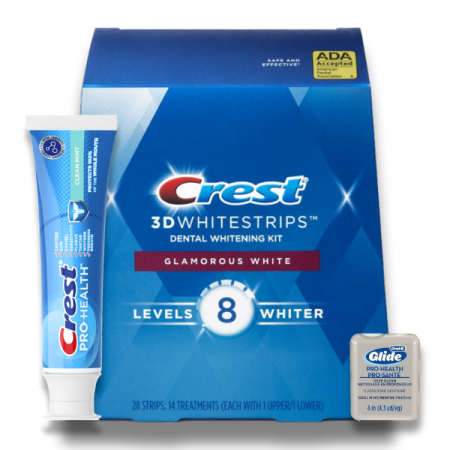 Kit Albire Dinti - PACK Crest 3DWhite Glamorous White + Pasta de dinti Crest Pro-Health, Clean Mint, 121g + Ata Dentara Oral-B Glide Pro-Health