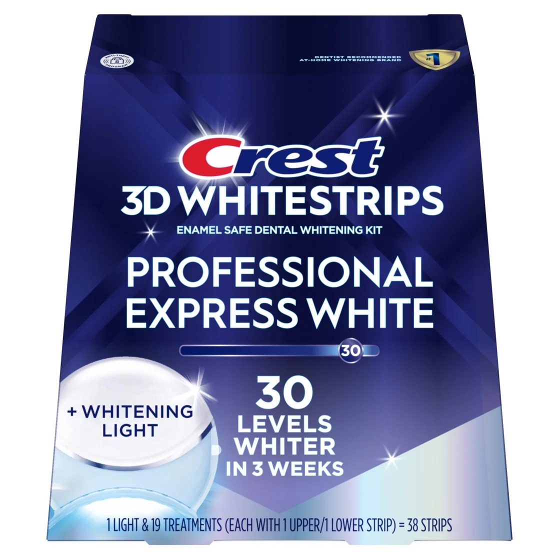 Kit Albire Dinti - Crest 3D Whitestrips Professional Express White + Led Light, 19 plicuri, 38 plasturi, Lampa UV, concentratie 10%, nivel albire 30, kit albire dinti