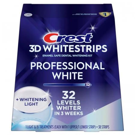 Kit Albire Dinti - Crest 3D Whitestrips Professional White + Led Light, 19 plicuri, 38 plasturi, Lampa UV, concentratie 10%, nivel albire 32, kit albire dinti