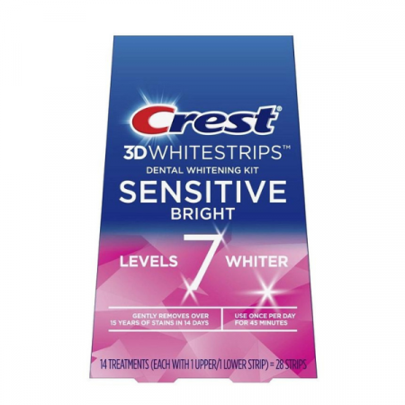 Benzi albire Crest - Benzi Crest 3D Whitestrips Sensitive Bright, 6% concentratie, 14 plicuri, 28 benzi albire, nivel albire 7, aplicare 45 min, benzi albire dinti sensibili