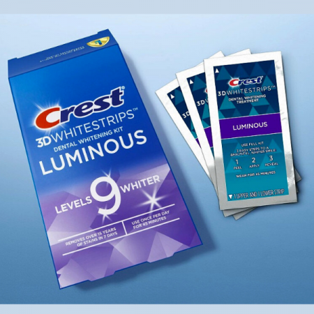Benzi Crest 3D Whitestrips Luminous, 9% concentratie, 10 plicuri, 20 benzi albire, nivel albire 9, aplicare 45 min, benzi albire dinti [1]