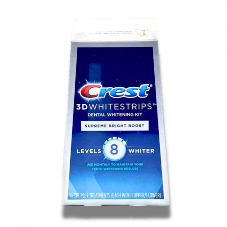 Benzi albire Crest - Crest 3D Whitestrips Supreme Bright Boost, 14% concentratie, tratament 7 zile, 14 benzi albire, nivel albire 8, aplicare 60 min, benzi albire dinti