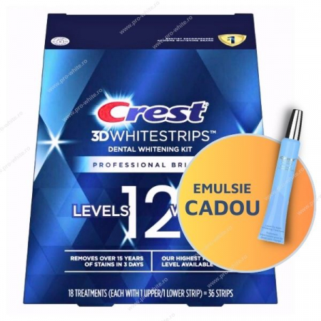 Kit Albire Dinti - Crest Professional Bright + Emulsie CADOU, 10% concentratie, 18 zile, 36 benzi albire, nivel albire 12, aplicare 30 min