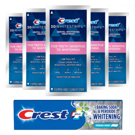 Benzi albire Crest - Kit Crest 3D Whitestrips Sensitive White, tratament albire 7 zile, concentratie 6%, benzi albire dinti sensibili + Pasta de Dinti Crest Baking Soda & Peroxide, 119g, contine praf de copt si peroxid