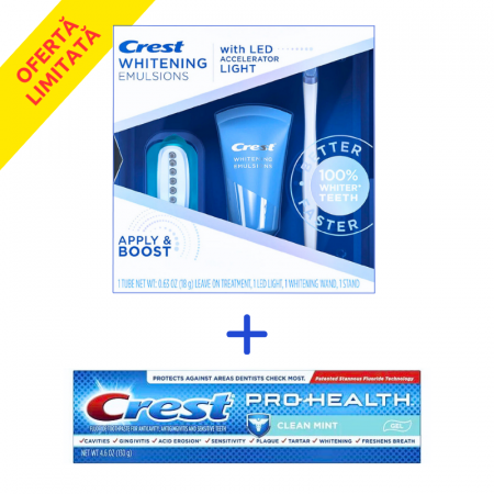 Benzi albire Crest - Packet Crest Whitening Emulsions with LED Accelerator Light + Pasta de dinti Crest PRO-HEALTH Clean mint, 121g