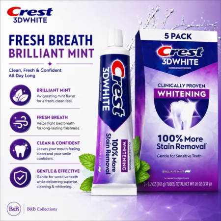 5 x Pasta de dinți Crest 3D White Clinically Proven, Brilliant Mint, 147g [4]