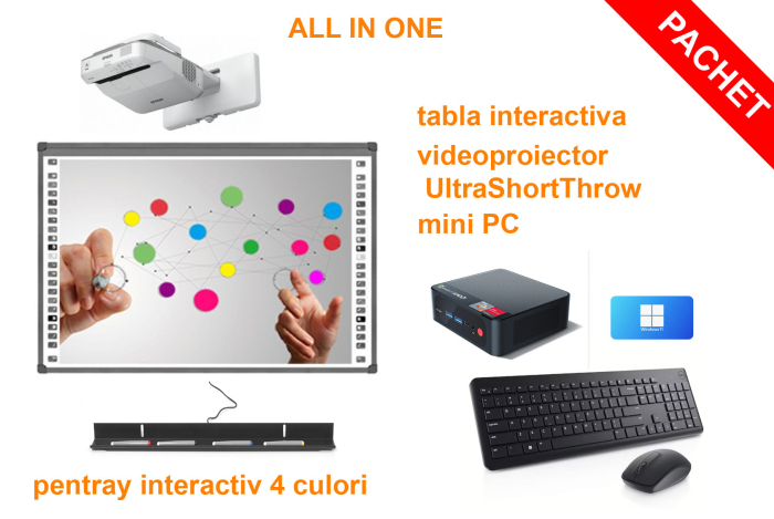 All-in-one Tabla Interactiva ProDidactica 100'', 20 puncte de touch, Video Proiector UTRA SHORT THROW, mini PC, tastatura si mouse. [1]