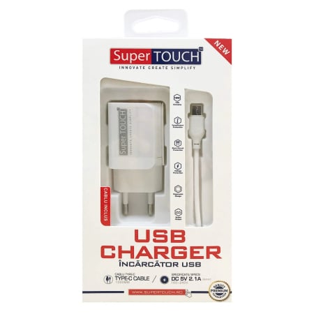 Accesorii Laptopuri - Incarcator perete cu 2 porturi USB si cablu USB tip C SUPER TOUCH