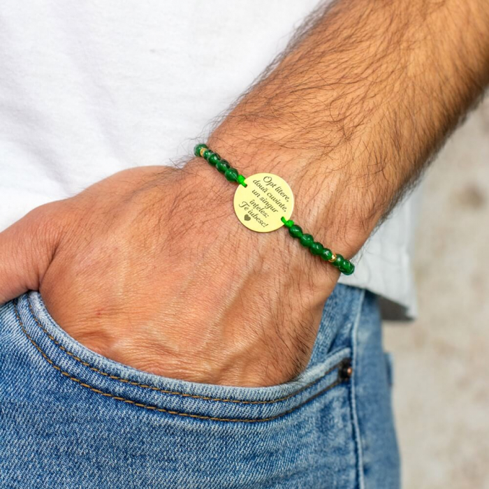 Bratara Argint, snur cu bilute jad si banut personalizata cu mesaj (17 mm) [2]
