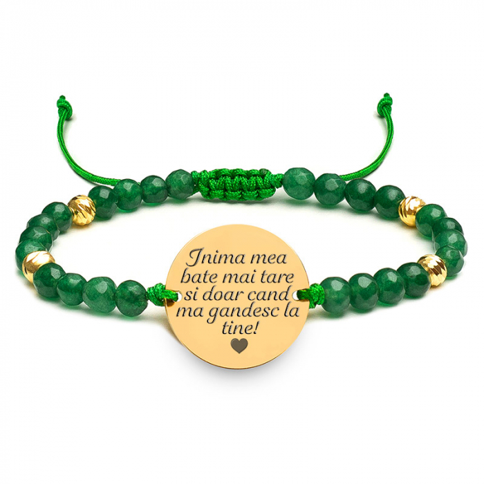 Bratara Argint, snur cu bilute jad si banut personalizata cu mesaj (17 mm) [6]