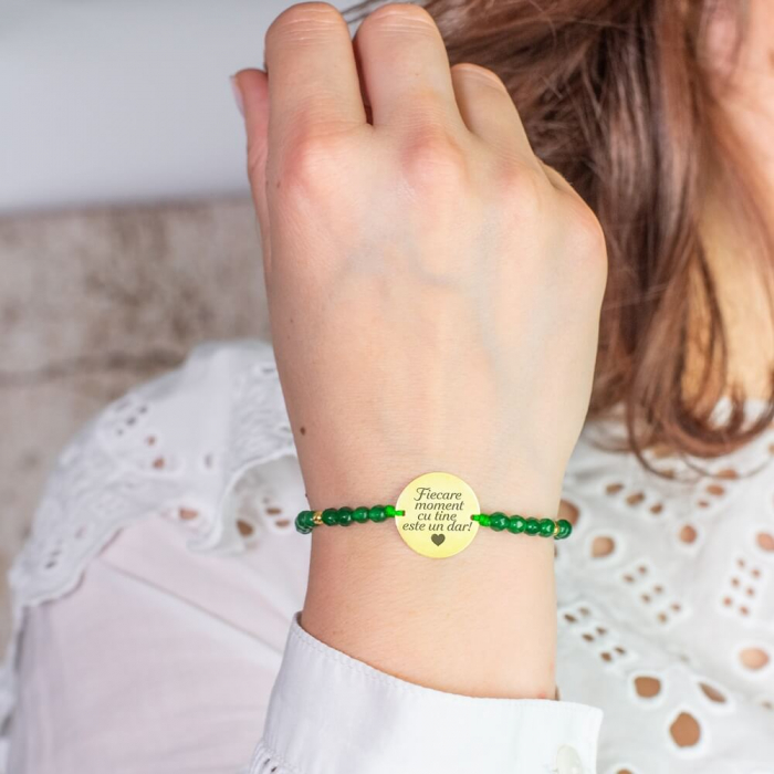 Bratara Argint, snur cu bilute jad si banut personalizata cu mesaj (17 mm) [4]