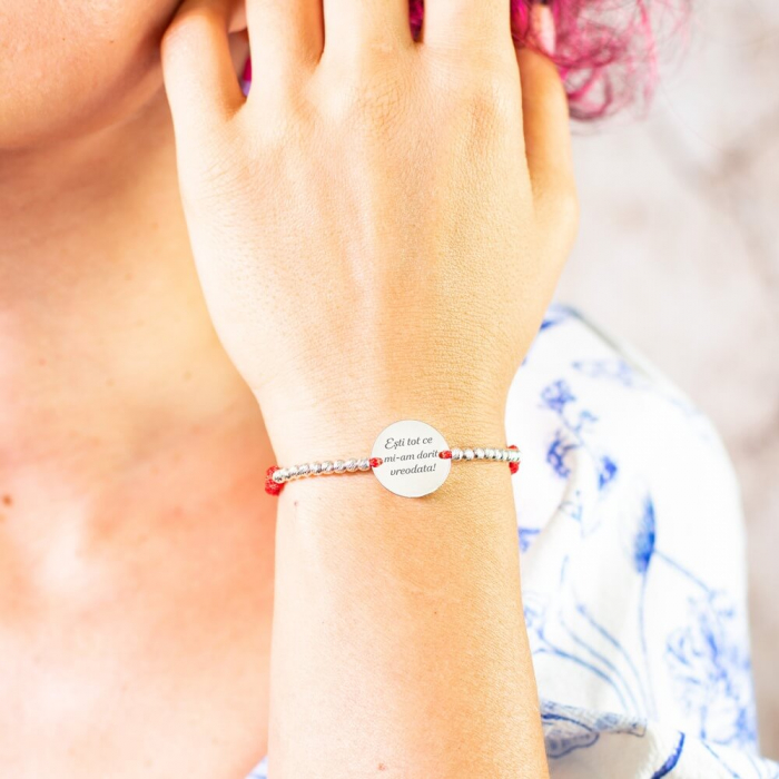Bratara Argint snur impletit, cu bilute personalizata cu mesaj (17 mm) [6]