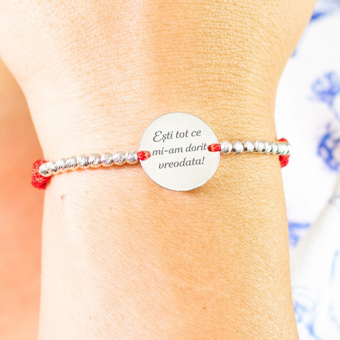 Bratara Argint snur impletit, cu bilute personalizata cu mesaj (17 mm) [2]