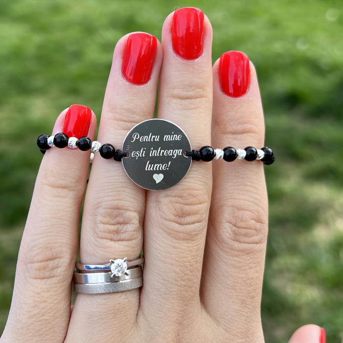 Bratara barbati argint snur mix onix si bilute banut 19 mm personalizata cu mesaj [3]