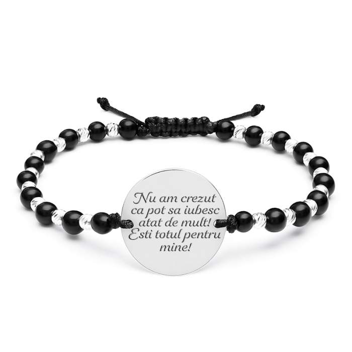 Bratara snur mix onix si bilute banut 19 mm personalizata cu mesaj (inox) [4]