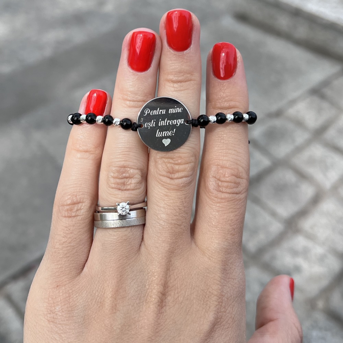Bratara snur mix onix si bilute banut 19 mm personalizata cu mesaj (inox) [2]