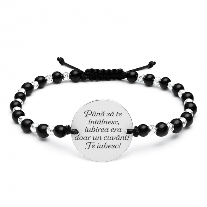 Bratara barbati argint snur mix onix si bilute banut 19 mm personalizata cu mesaj [6]