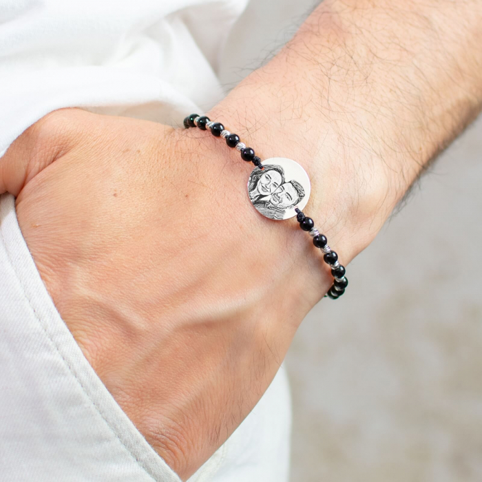 Bratara barbati argint snur mix onix si bilute banut 19 mm personalizata cu poza [1]