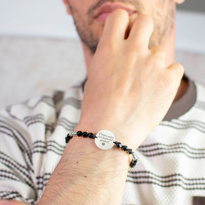 Bratara barbati personalizata cu mesaj, onix, bilute si banut Argint (19mm) [2]