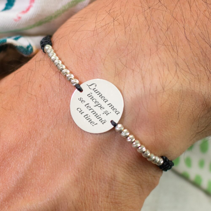 Bratara barbati personalizata cu mesaj, snur impletit si bilute Argint (19 mm) [1]