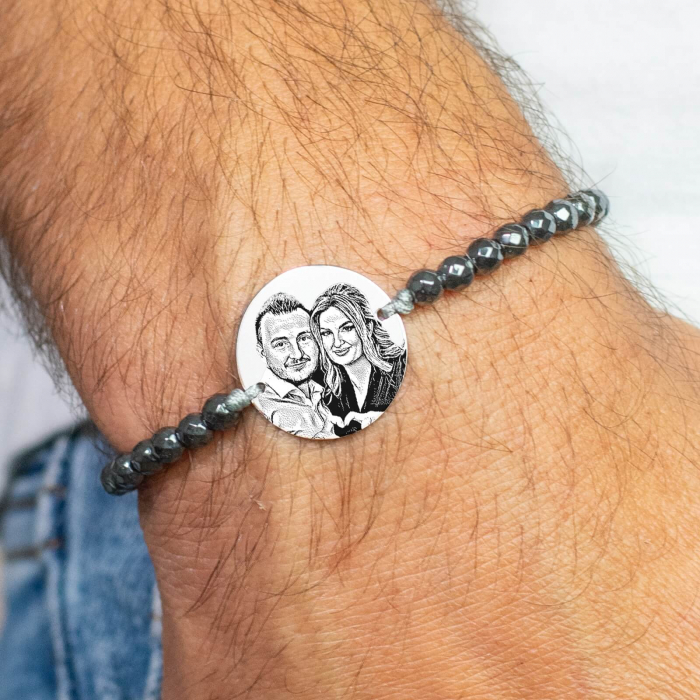 Bratara barbati personalizata cu poza, cu bilute hematit si banut Argint (19 mm) [1]