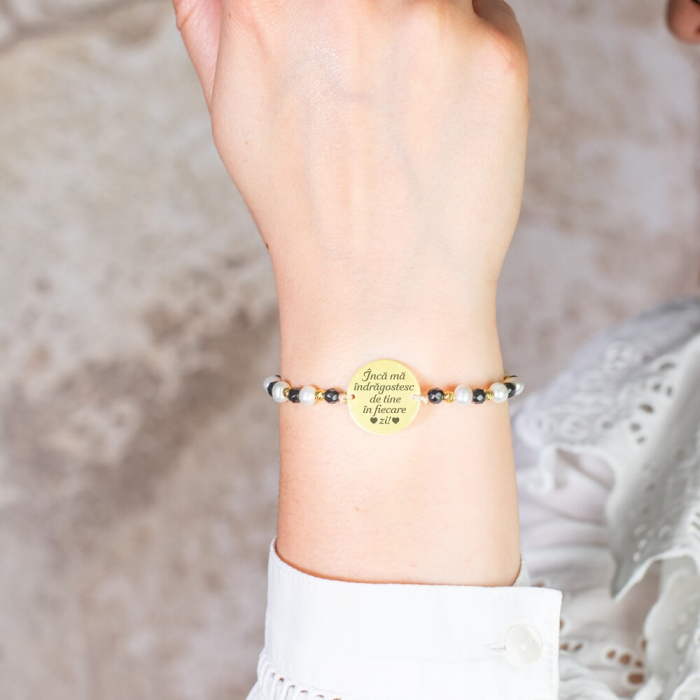 Bratara dama argint personalizata cu mesaj, onix,perle de cultura si bilute argint (17 mm) [2]