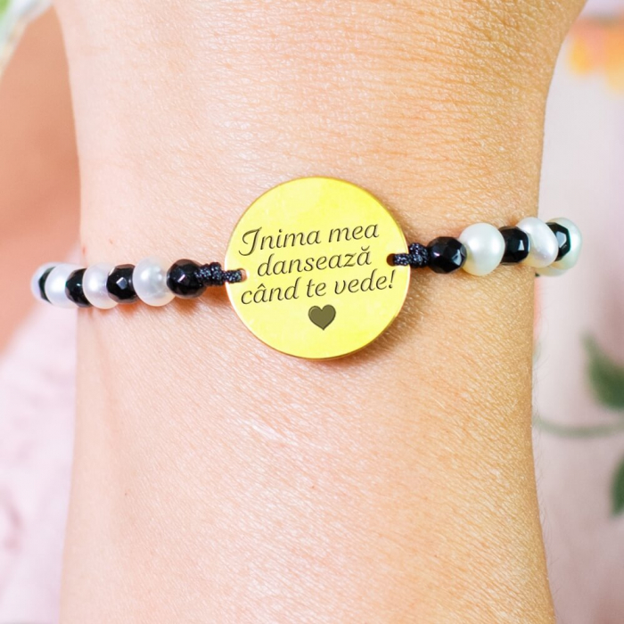 Bratara dama argint personalizata cu mesaj, perle de cultura, bilute onix (17 mm) [2]