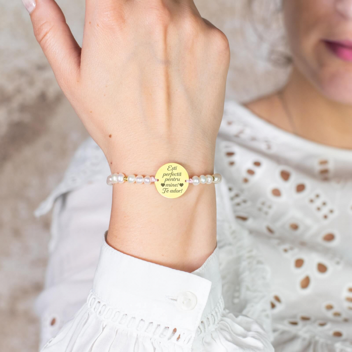Bratara dama personalizata cu mesaj, bilute argint si perle de cultura, Argint (17mm) [3]