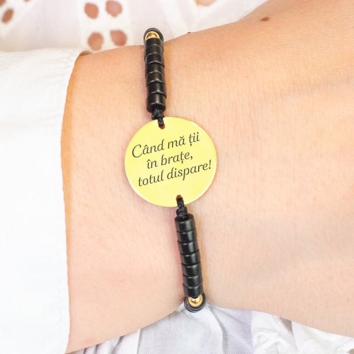 Bratara dama personalizata cu mesaj, cu discuri onix si bilute Argint (17 mm) [1]