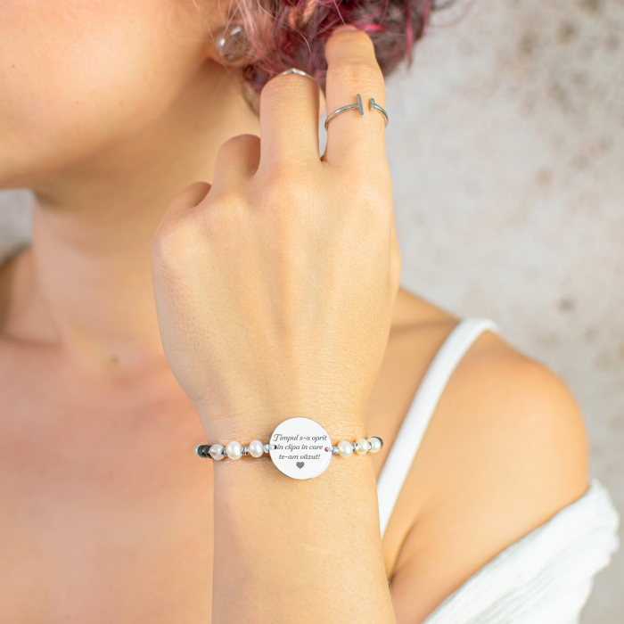 Bratara dama personalizata cu mesaj, perle de cultura, bilute argint si pietre hematit (17mm) [2]