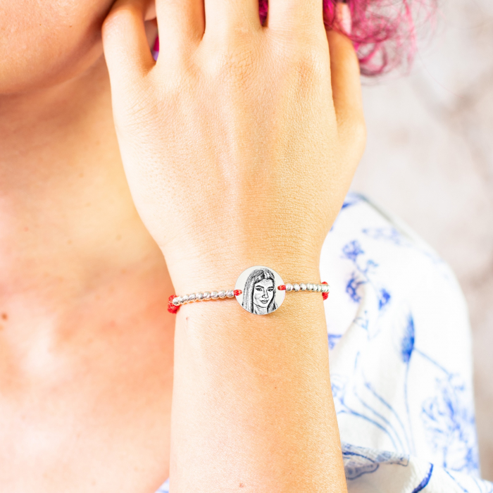 Bratara dama personalizata cu poza, bilute si snur impletit Argint (17 mm) [2]