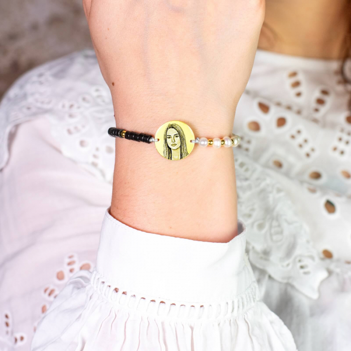 Bratara dama personalizata cu poza, perle de cultura, bilute argint si discuri onix (17mm) [2]