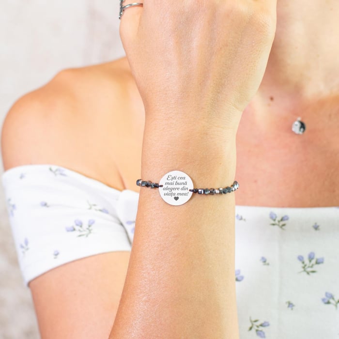 Bratara personalizata cu mesaj, bilute argint si cubulete hematit (17 mm) [3]