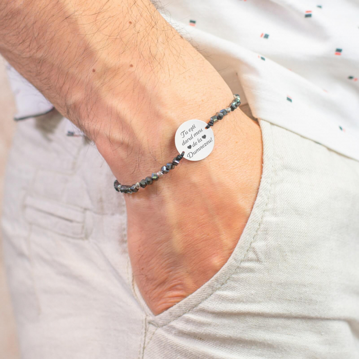 Bratara personalizata cu mesaj, bilute argint si cubulete hematit (17 mm) [2]