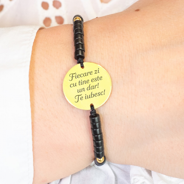 Bratara dama personalizata cu mesaj, cu discuri onix si bilute Argint (17 mm) [2]