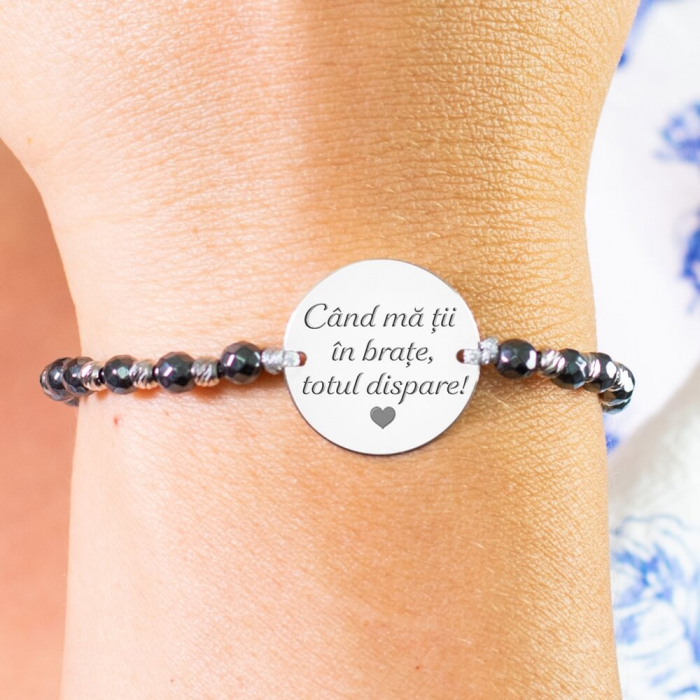 Bratara dama personalizata cu mesaj, mix bilute hematit, Argint (17 mm) [1]