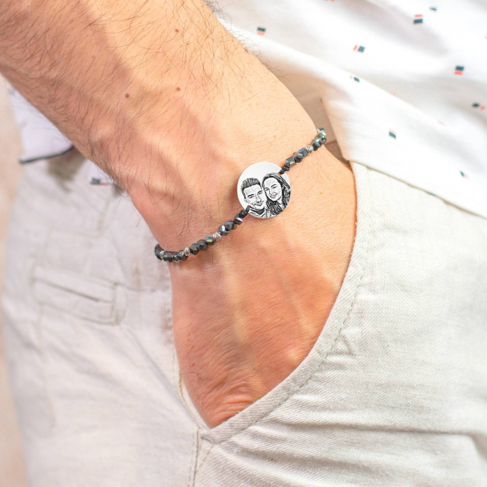 Bratara personalizata cu poza, bilute argint si cubulete hematit (17 mm) [3]