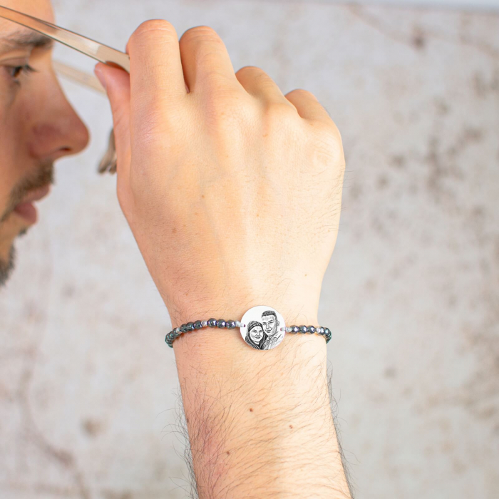 Bratara barbati personalizata cu poza, bilute hematit Argint (19 mm) [2]