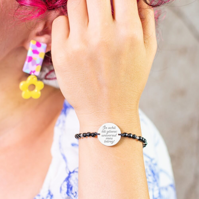 Bratara dama personalizata cu mesaj, onix fatetat cu bilute si banut 17 mm Argint [2]