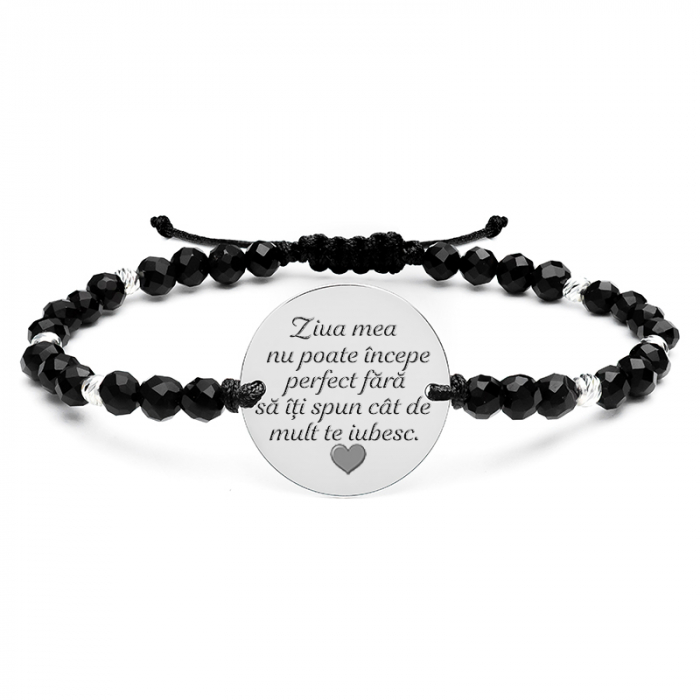 Bratara snur onix fatetat cu bilute si banut 17 mm personalizat gravura text Argint [3]