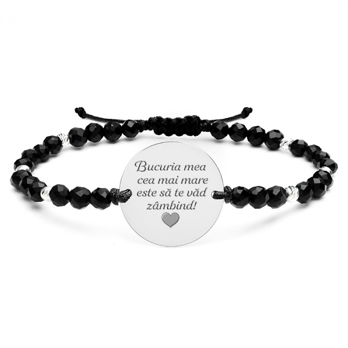 Bratara snur onix fatetat cu bilute si banut 19 mm personalizat gravura text (inox) [2]