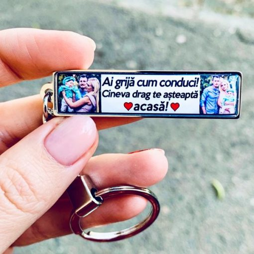 Breloc Personalizat cu 2 Poze si Mesaj – Ai Grija Cum Conduci! Cineva Drag Te Asteapta Acasa! [2]