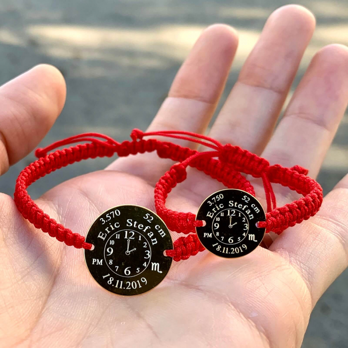 Set Bratari din Snur Impletit, Ceasul Bebelusului Mama si Copil, Banut 19 & 14 Mm Personalizat Gravura Argint 925 [3]