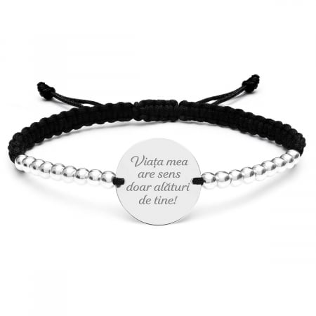 bratari argint personalizate - Bratara Argint cu bilute si snur impletit personalizata cu mesaj (17 mm)
