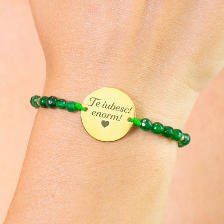 Bratari pietre semipretioase - Bratara Argint, snur cu bilute jad si banut personalizata cu mesaj (17 mm)