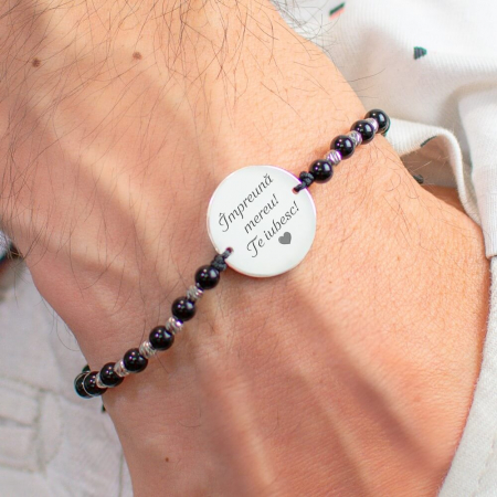 bratari barbati personalizate - Bratara barbati argint snur mix onix si bilute banut 19 mm personalizata cu mesaj