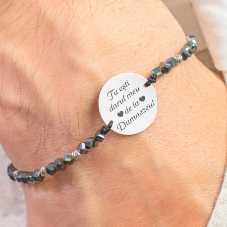 bratari barbati personalizate - Bratara barbati personalizata cu mesaj, bilute argint si cubulete hematit (19mm)