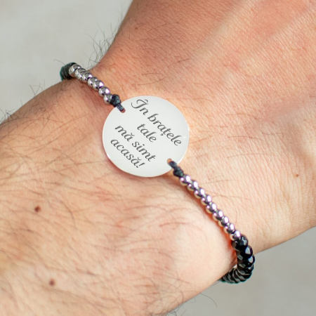 bratari barbati personalizate - Bratara barbati personalizata cu mesaj, bilute argint si onix, banut Argint 17 mm